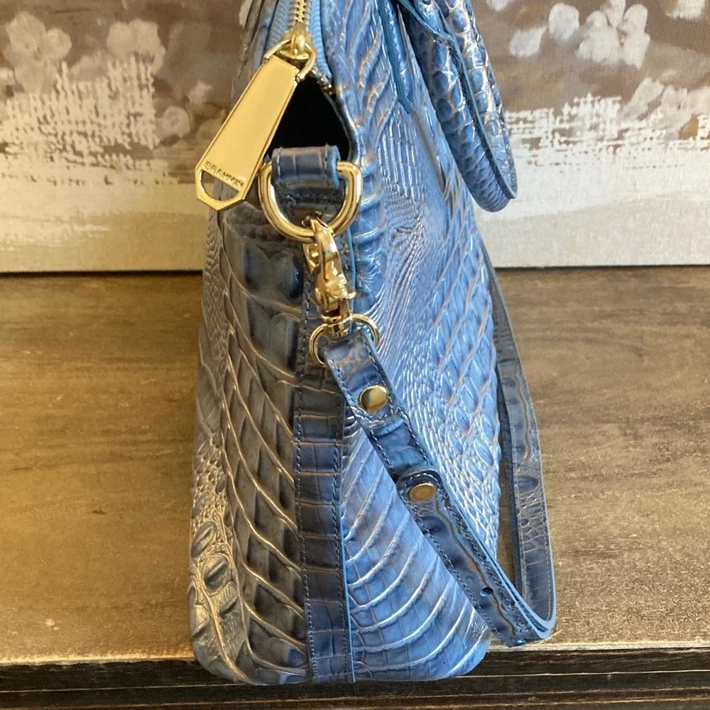 Brahmin Womens Large Duxbury Satchel Purse Blue Gold Metallic Croc Embossed‎